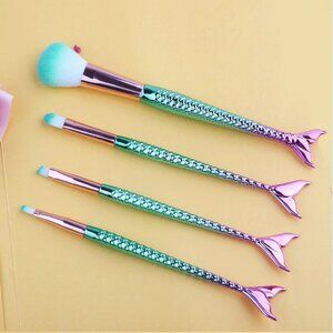 4-piece Pink & Teal Blue Metallic Mermaid Makeup Brush Set